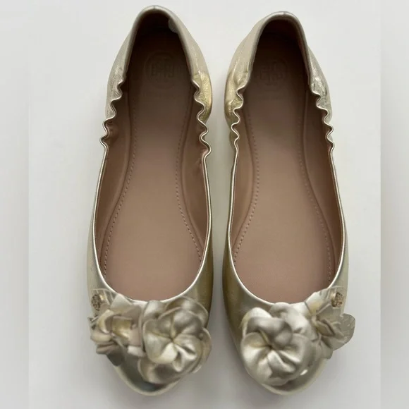 Tory Burch Blossom Ballet Flat Grained Metallic in Spark Gold - Picture 5 of 9